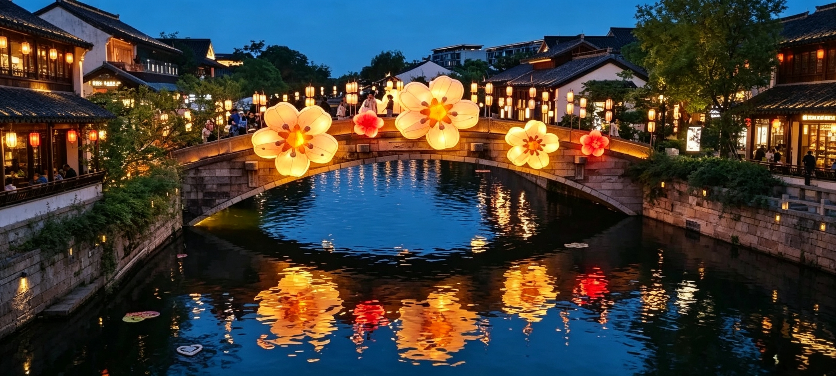 Illuminated Water-Town Nightlife Stroll